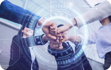 Team fist bump with technology background